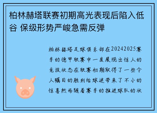 柏林赫塔联赛初期高光表现后陷入低谷 保级形势严峻急需反弹